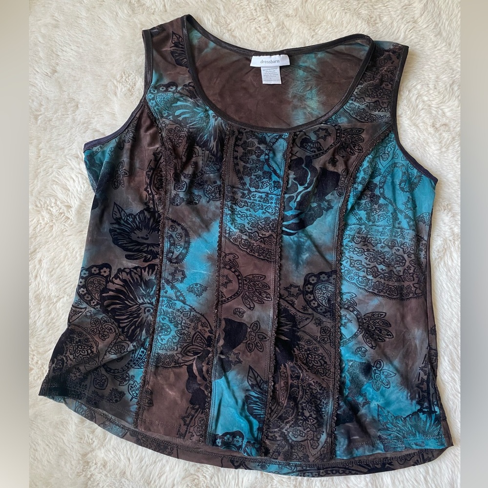 Vintage Y2K Teal and Brown Patterned Sleeveless Dressbarn Top Women’s Large
